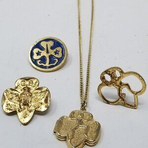 Vintage Girl Scout Pins and Locket Necklace Gold Tone 4 Pieces